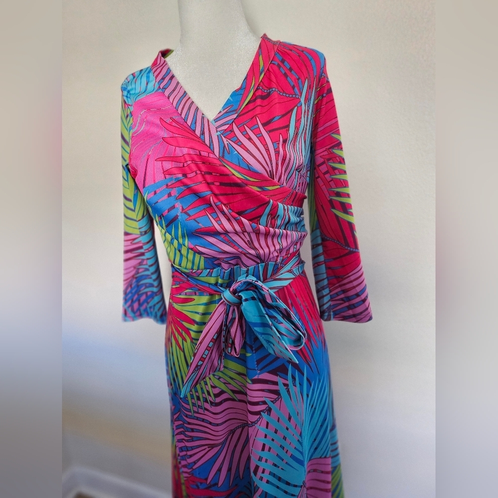 Tropical Women's Multicolor Palm Print Faux Wrap Maxi Dress Size M. - Picture 7 of 13